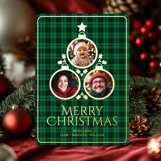 Christmas Modern Tartan Plaids Family Green Photo 箔シーズンカード