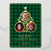 Christmas Modern Tartan Plaids Family Green Photo 箔シーズンカード (正面)