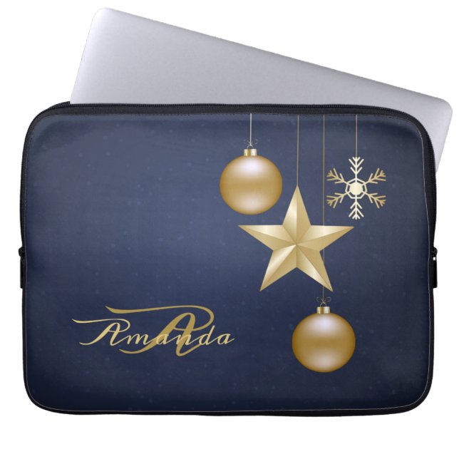 Christmas Monogram Golden Ornaments Navy Blue ラップトップスリーブ (正面)