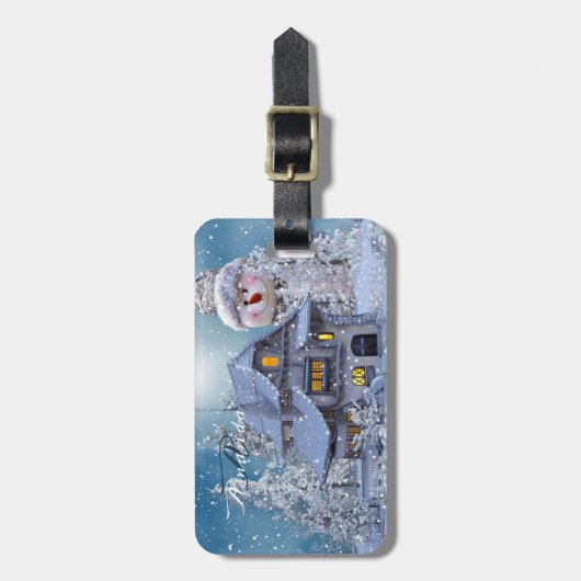 Christmas Monogram Winter White Snowman Blue ラゲッジタグ (正面縦)