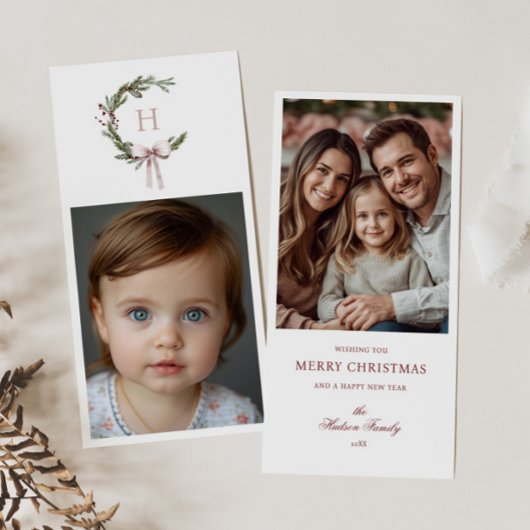 Christmas Monogram Wreath Blush Bow Photo シーズンカード