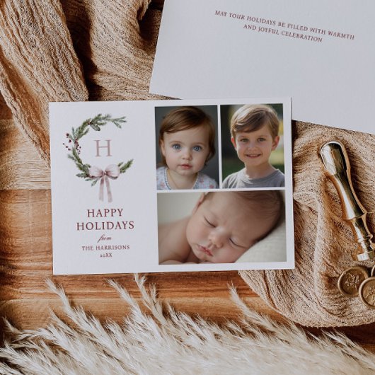 Christmas Monogram Wreath Blush Bow Photo シーズンカード