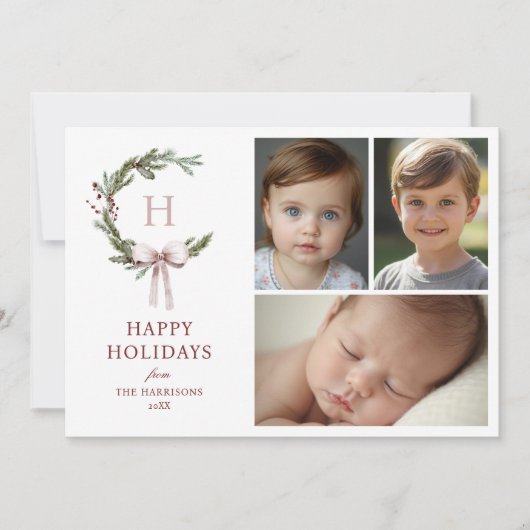 Christmas Monogram Wreath Blush Bow Photo シーズンカード (正面)
