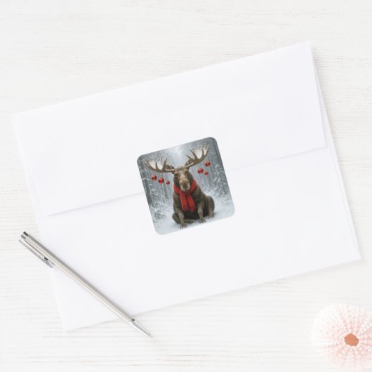 Christmas Moose In a Snowy Forest スクエアシール (封筒)