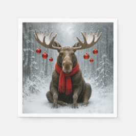 Christmas Moose In a Snowy Forest スタンダードカクテルナプキン