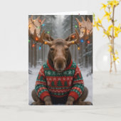 Christmas Moose Wearing an Ugly Sweater カード (黄色い花)