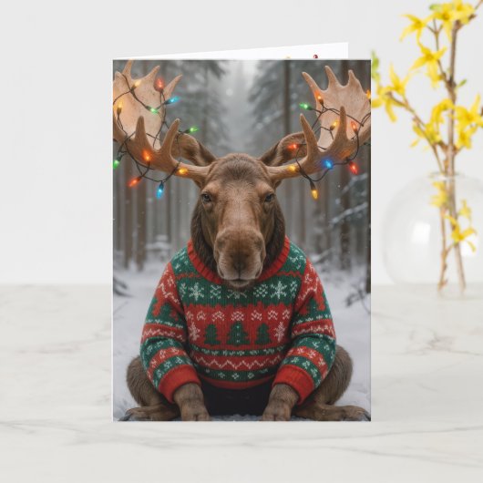Christmas Moose Wearing an Ugly Sweater カード (黄色い花)