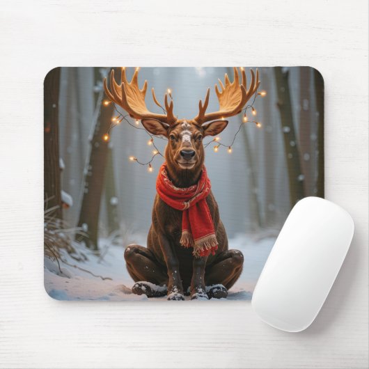Christmas Moose Wearing Scarf and Lights マウスパッド (マウス)