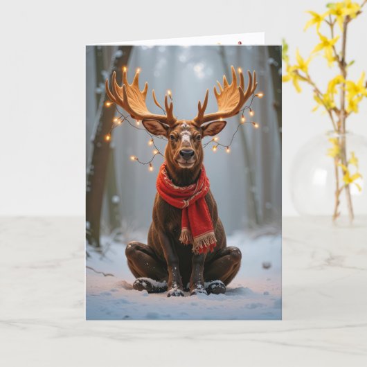 Christmas Moose With Holiday Lights カード (黄色い花)