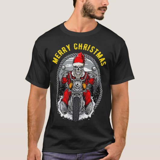 Christmas Motorcycle Santa Claus Biker Rider Skull Tシャツ (正面)
