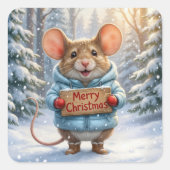 Christmas Mouse In Winter Forest スクエアシール (正面)