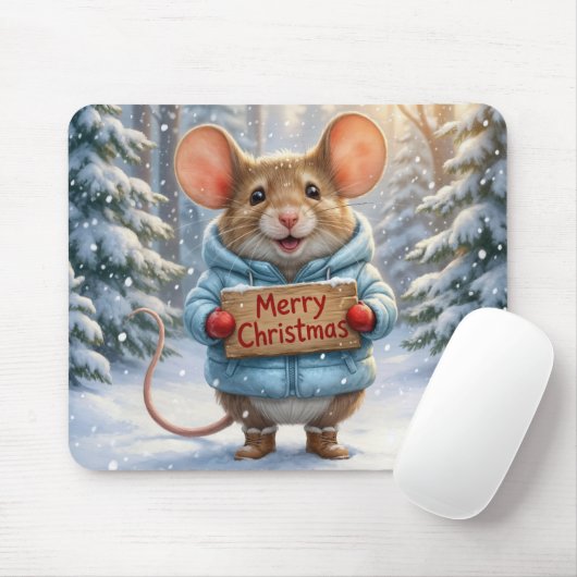 Christmas Mouse In Winter Forest マウスパッド (マウス)