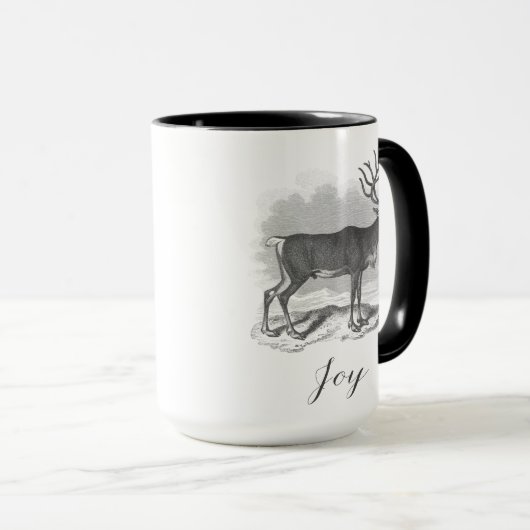 Christmas mug with antique deer etching says Joy マグカップ (正面右)