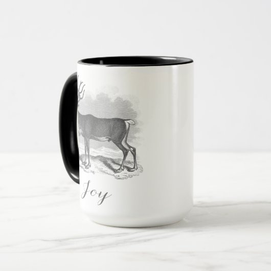 Christmas mug with antique deer etching says Joy マグカップ (正面左)