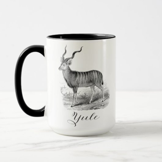 Christmas mug with antique deer etching says Yule. マグカップ (左)
