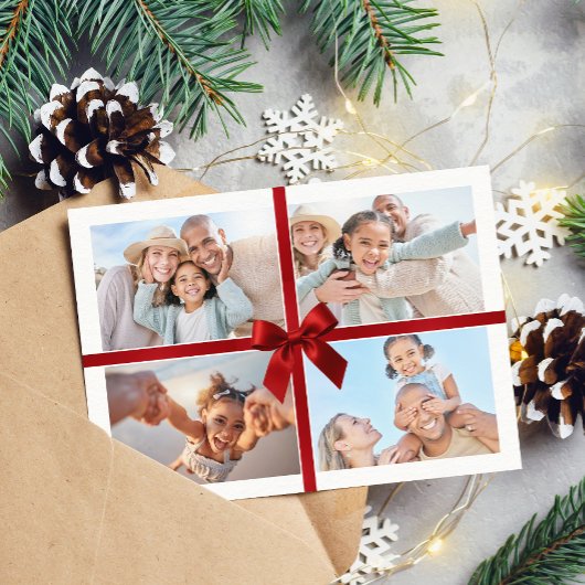 CHRISTMAS MULTI PHOTO modern gift red ribbon bow シーズンカード