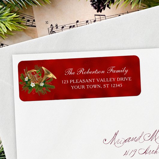 Christmas Music French Horn Red Return Address ラベル