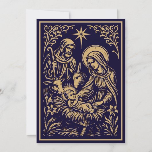 Christmas Nativity in Retro Art Nouveau Woodcut シーズンカード (正面)