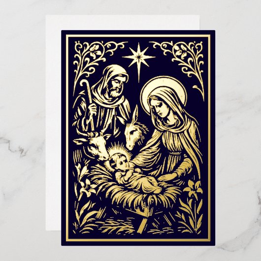 Christmas Nativity in Retro Art Nouveau Woodcut 箔シーズンカード (正面/裏面)