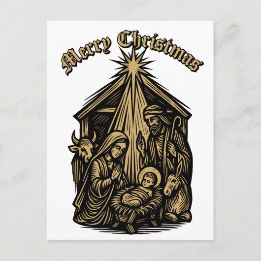 Christmas Nativity Retro Medieval Woodcut シーズンポストカード (正面)