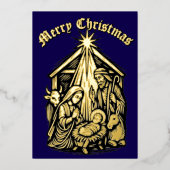 Christmas Nativity Retro Medieval Woodcut 箔シーズンカード (正面)