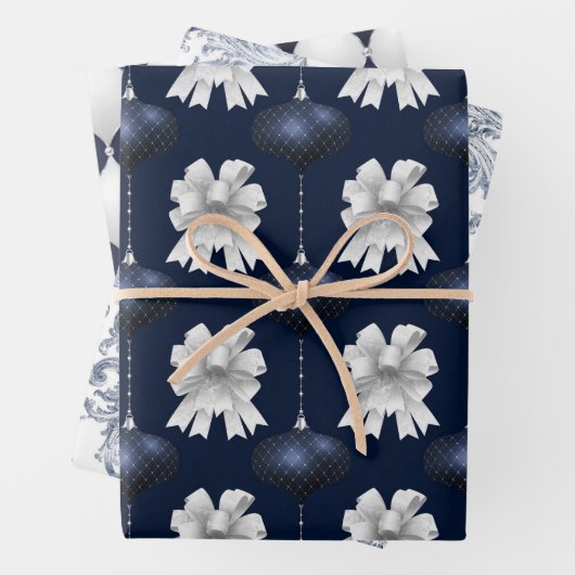 Christmas Navy Bow Velvet Pattern ラッピングペーパーシート (インサイチュ)