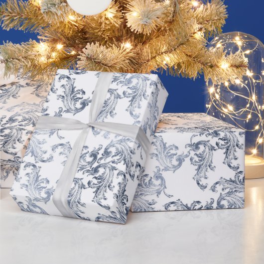 Christmas Navy Bow Velvet Pattern ラッピングペーパー (クリスマス)