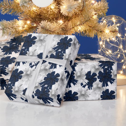 Christmas Navy Bow Velvet Pattern ラッピングペーパー (クリスマス)