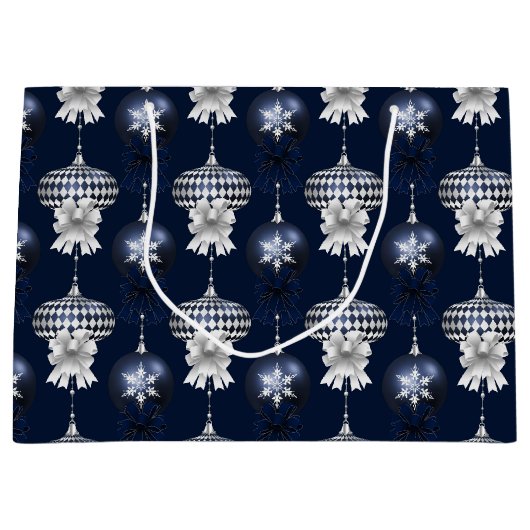 Christmas Navy Bow Velvet Pattern ラージペーパーバッグ (正面)