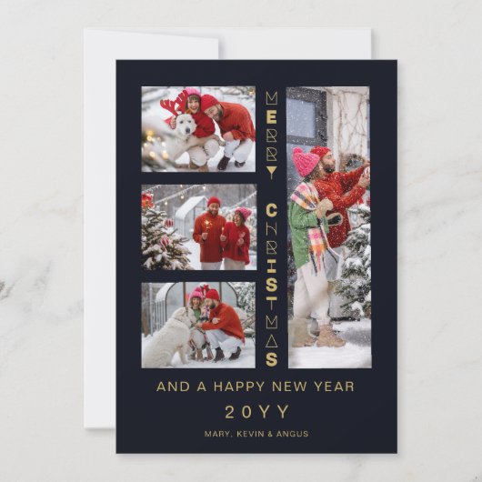 Christmas Navy & Gold 4 Multi photos Funny Script シーズンカード (正面)