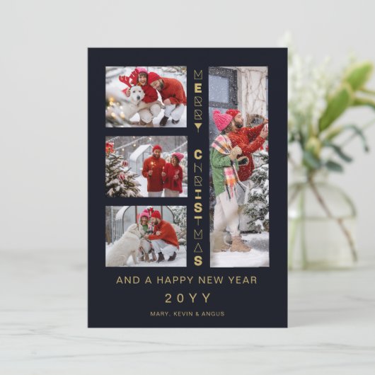 Christmas Navy & Gold 4 Multi photos Funny Script シーズンカード (スタンド正面)