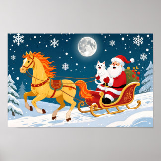 Christmas, New Year, Red Horse, Santa & White Cat ポスター