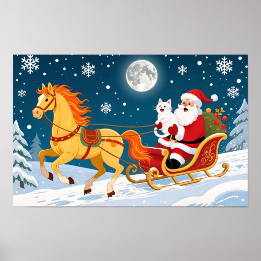 Christmas, New Year, Red Horse, Santa & White Cat ポスター (正面)