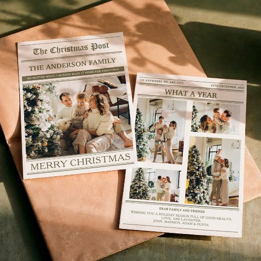 Christmas Newspaper Olive Green Photo What a Year シーズンカード