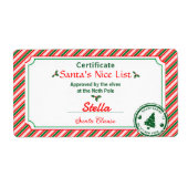 Christmas Nice List Certificate Elf Approved Santa ラベル (正面)