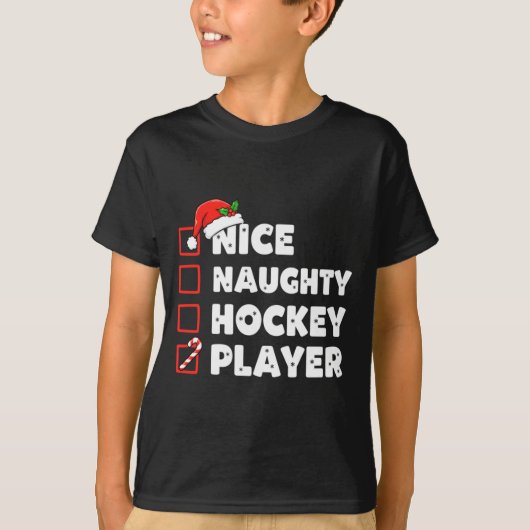 Christmas Nice Naughty Hockey Player List Santa Ch Tシャツ (正面)