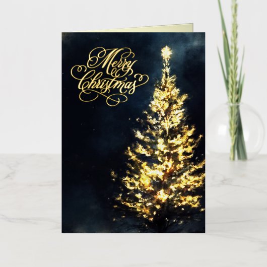 Christmas Night Sky Lit Tree 箔シーズンカード (正面)