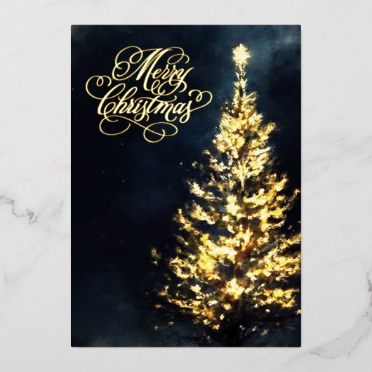 Christmas Night Sky Lit Tree 箔シーズンカード (正面)