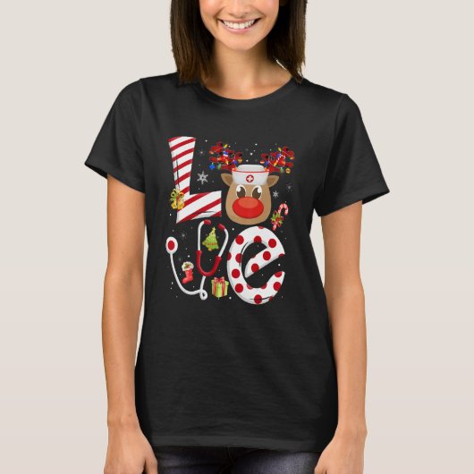 Christmas Nurse Love NICU RN ER Santa Reindeer Nur Tシャツ (正面)