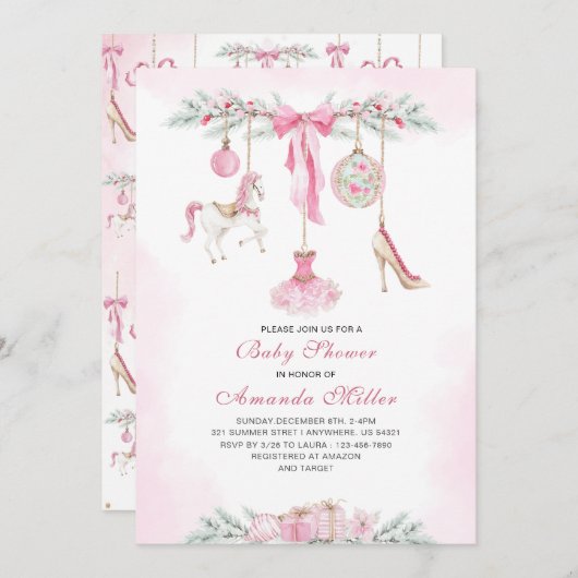 Christmas Nutcracker Ballet Pink watercolor baby s 招待状 (正面/裏面)