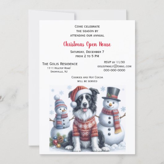 Christmas Open House with Border Collie & Snowman  招待状 (正面)