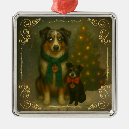 Christmas Ornament – Cozy Dog Holiday Keepsake メタルオーナメント (正面)