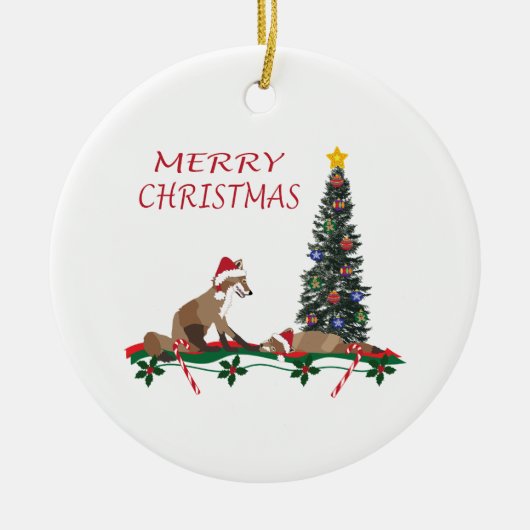 Christmas Ornament, wildlife, mom and baby fox セラミックオーナメント (正面)