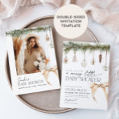 Christmas Ornaments and Neutral Bow Baby Shower 招待状