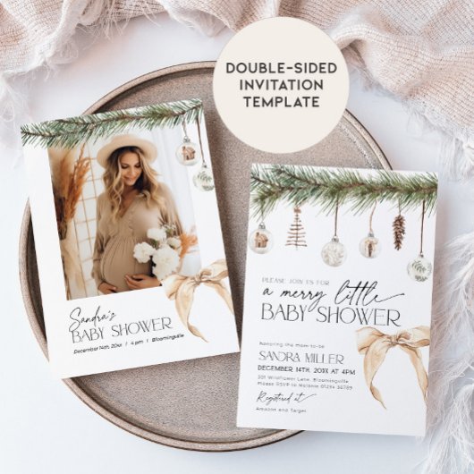 Christmas Ornaments and Neutral Bow Baby Shower 招待状