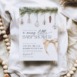 Christmas Ornaments and Neutral Bow Baby Shower 招待状