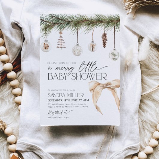Christmas Ornaments and Neutral Bow Baby Shower 招待状