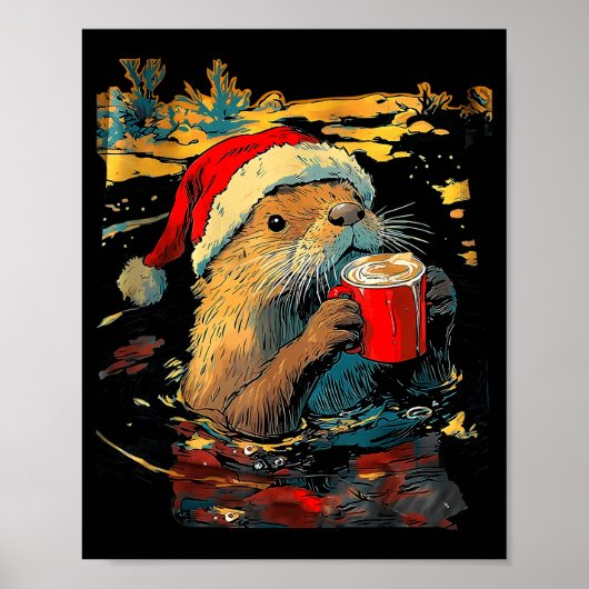 Christmas Otter Drinks Coffee Art Print ポスター (正面)