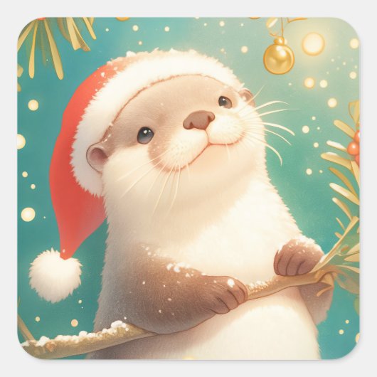 Christmas Otter in Santa Hat with Holly Berries スクエアシール (正面)