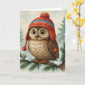 Christmas Owl with Winter Hat カード (黄色い花)